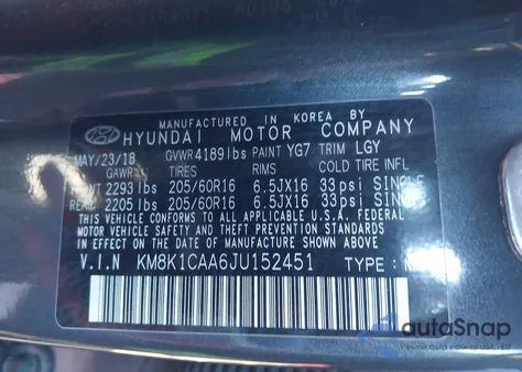 2018 Hyundai Kona Se z USA, uszkodzony, nr VIN KM8K1CAA6JU152451